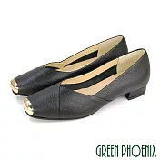 【GREEN PHOENIX】女 低跟鞋 娃娃鞋 便鞋 金屬頭 全真皮 方頭 粗跟 台灣製 US5.5 黑色