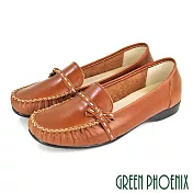 【GREEN PHOENIX】女 莫卡辛 便鞋 蝴蝶結 蠟感牛皮 平底 台灣製 US5.5 棕色