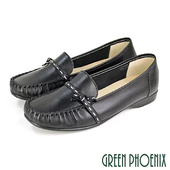 【GREEN PHOENIX】女 莫卡辛 便鞋 蝴蝶結 蠟感牛皮 平底 台灣製 US5.5 黑色