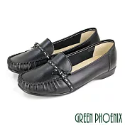 【GREEN PHOENIX】女 莫卡辛 便鞋 蝴蝶結 蠟感牛皮 平底 台灣製 US7.5 黑色