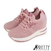 【Pretty】女 休閒鞋 水鑽 針織 襪套式 綁帶 內增高 厚底 EU38 粉紅色