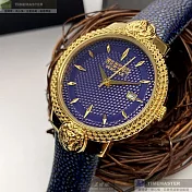 VERSUS VERSACE凡賽斯精品錶,編號：VV00311,38mm圓形金色精鋼錶殼寶藍色錶盤真皮皮革寶藍錶帶