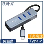 【日本秋葉原】Type-c轉RJ45/3孔USB3.0高傳輸多功能集線器鐵灰色