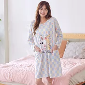 【Wonderland】長袖睡衣薄款加大碼牛奶絲居家睡裙洋裝 FREE 兔子奶茶(藍色)
