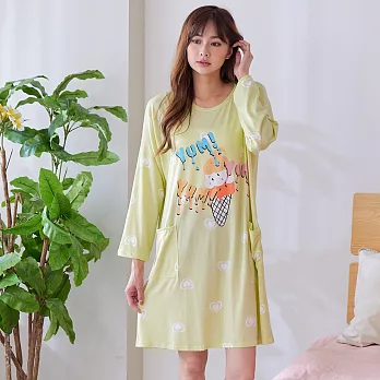 【Wonderland】長袖睡衣薄款加大碼牛奶絲居家睡裙洋裝 FREE 美味冰淇淋(綠色)