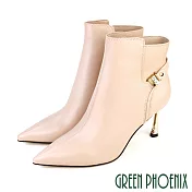 【GREEN PHOENIX】女 踝靴 短靴 鑽 皮帶釦 小牛皮 全真皮 側拉鍊 尖頭 細跟 高跟 EU36 粉紅色