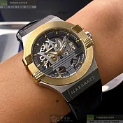 MASERATI瑪莎拉蒂精品錶,編號：R8821108011,42mm六角形金銀色精鋼錶殼銀色機械鏤空錶盤真皮皮革深黑色錶帶