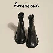 【Amoscova】女靴 真皮馬汀靴 素面短靴 中筒靴 重機靴 機車靴 女鞋(1672) EU36 黑色
