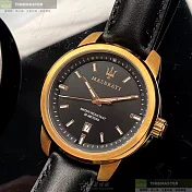 MASERATI瑪莎拉蒂精品錶,編號：R8851121011,44mm圓形玫瑰金精鋼錶殼黑色錶盤真皮皮革深黑色錶帶
