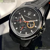 MASERATI瑪莎拉蒂精品錶,編號：R88511230072,44mm圓形黑精鋼錶殼黑色錶盤矽膠深黑色錶帶