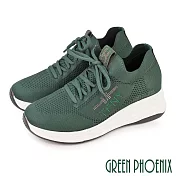【GREEN PHOENIX】女 休閒鞋 顯瘦 彈力 襪套式 綁帶 厚底 EU36 深綠色