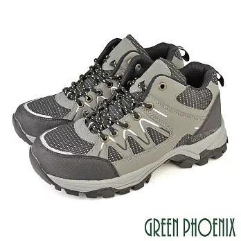 【GREEN PHOENIX】男 登山鞋 運動鞋 休閒鞋 防潑水 透氣 網布 反光 拼接 半高筒 EU45 灰色