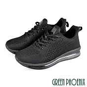 【GREEN PHOENIX】男 運動鞋 休閒鞋 素面 飛線編織 綁帶 吸震 減壓 彈力 全氣墊 JP26 黑色