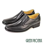 【GREEN PHOENIX】男 紳士皮鞋 商務皮鞋 方頭 渲染 雷射雕花 直套式 全真皮 台灣製 EU41 黑色