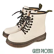 【GREEN PHOENIX】女 短靴 馬丁靴 工程靴 全真皮 綁帶 側拉鍊 厚底 EU37 米色