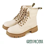 【GREEN PHOENIX】女 短靴 馬丁靴 工程靴 全真皮 綁帶 側拉鍊 厚底 粗跟 JP23.5 米色