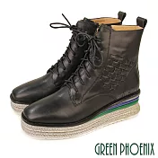 【GREEN PHOENIX】女 短靴 馬丁靴 國際精品 小牛皮 編織 厚底 日本進口 EU37 黑色