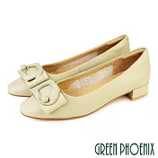 【GREEN PHOENIX】女 低跟鞋 粗跟鞋 便鞋 全真皮 方頭  OL通勤 上班 面試 EU35 淺綠色