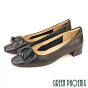【GREEN PHOENIX】女 低跟鞋 粗跟鞋 便鞋 全真皮 方頭  OL通勤 上班 面試 EU35 黑色