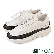 【GREEN PHOENIX】女 休閒鞋 國際精品 胎牛皮 束帶 輕量 彈力 厚底 西班牙原裝 EU36 白色