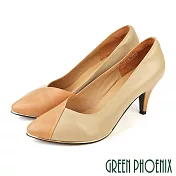 【GREEN PHOENIX】女 高跟鞋 撞色 拼接 全真皮 尖頭 金屬邊條 OL通勤 上班 面試 US7.5 卡其色