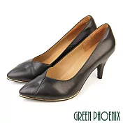 【GREEN PHOENIX】女 高跟鞋 撞色 拼接 全真皮 尖頭 金屬邊條 OL通勤 上班 面試 US8 黑色