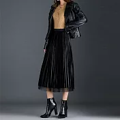 【BJ COLLECTION】日系腰鬆緊光澤金絲絨兩面可穿網紗長裙BJC40031( 78cm ) 黑色