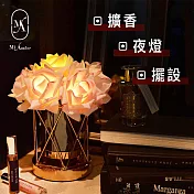 【愛莯】6 朵玫瑰花LED夜燈菱形玻璃花瓶系列(附贈USB充電插頭) 5朵維多利亞＋1朵象牙白玫瑰花