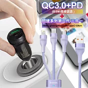 商檢認證PD+QC3.0 USB雙孔超急速車充+倍思閃速二代三合一TypeC/Micro/iPhone 100W快充電線1.2米-紫 iPhone14 Pro系列快充適用
