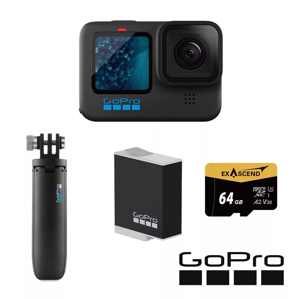 【GoPro】HERO 11 輕旅自拍套組 (HERO11單機+Shorty迷你延長桿+腳架+Enduro原廠充電電池+64G記憶卡) ​正成公司貨