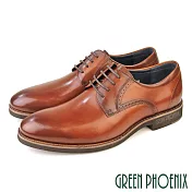 【GREEN PHOENIX】男 紳士皮鞋 商務皮鞋 輕量 素面 雕花 小牛皮 全真皮 綁帶 EU41 棕色