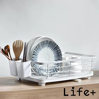 Life+ 日式簡約 單層多功能碗盤餐具瀝水架/收納架/置物架/瀝水籃_附排水導管 白