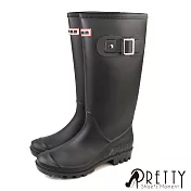 【Pretty】女 雨靴 雨鞋 長筒 霧面 皮帶釦 防水 粗跟 EU36 黑色