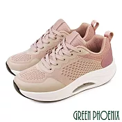 【GREEN PHOENIX】女 休閒鞋 飛線編織 透氣 綁帶 彈力 氣墊 厚底 EU40 粉紅色