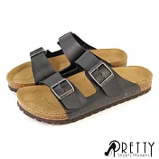 【Pretty】女 拖鞋 二字 雙皮帶釦 平底 台灣製 EU36 黑色