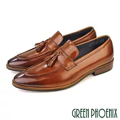 【GREEN PHOENIX】男 紳士皮鞋 商務皮鞋 樂福鞋 流蘇 油蠟牛皮 拉絲手染 EU41 棕色