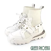 【GREEN PHOENIX】女 短靴 運動 休閒 國際精品 小牛皮 針織 襪套式 厚底 日本原裝 EU36.5 白色