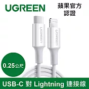 綠聯 iPhone充電線 Type-C 2.0 MFi認證 3A快充 USB-C 對 Lightning 白色 (0.25公尺)