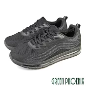 【GREEN PHOENIX】男 休閒鞋 運動鞋 透氣 網布 全氣墊 彈力 吸震 綁帶 厚底 JP25.5 黑色