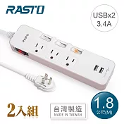 【2入組】RASTO FE8 四開三插三孔二埠USB延長線 1.8M 粉