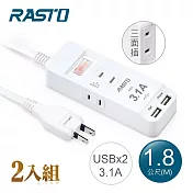 【2入組】RASTO FE10 一開三插二埠USB延長線 1.8M 白