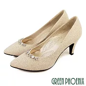 【GREEN PHOENIX】女 高跟鞋 婚鞋 宴會鞋 花朵 水鑽 全真皮 尖頭 台灣製 JP22 金色
