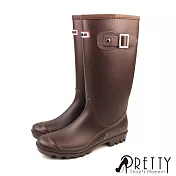 【Pretty】女 雨靴 雨鞋 長筒 霧面 皮帶釦 防水 粗跟 EU39 棕色