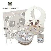 【MARCUS＆MARCUS】兒童學習餐具豪華5件組-貓熊款(圍兜+學習筷+吸盤碗含蓋+訓練杯+餐墊)