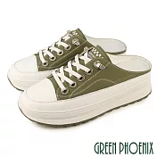 【GREEN PHOENIX】女 穆勒鞋 拖鞋 懶人鞋 奶油頭 全真皮 厚底 前包後空 彈性鞋帶 EU39 綠色