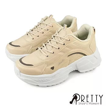 【Pretty】女 休閒鞋 老爹鞋 小白鞋 撞色 拼接 綁帶 厚底 台灣製 JP25.5 米色