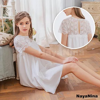 【Naya Nina】純白短袖蕾絲雪紡居家洋裝睡衣 FREE 白