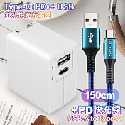 TOPCOM Type-C(PD)+USB雙孔快充充電器+CITY勇固USB-A to Type-C 編織快充線-150cm-藍 藍色