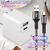 TOPCOM Type-C(PD)+USB雙孔快充充電器+CITY勇固USB-A to Type-C 編織快充線-200cm-銀 銀色