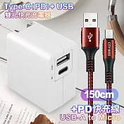 TOPCOM Type-C(PD)+USB雙孔快充充電器+CITY勇固Micro USB編織快充線-150cm-紅 紅色